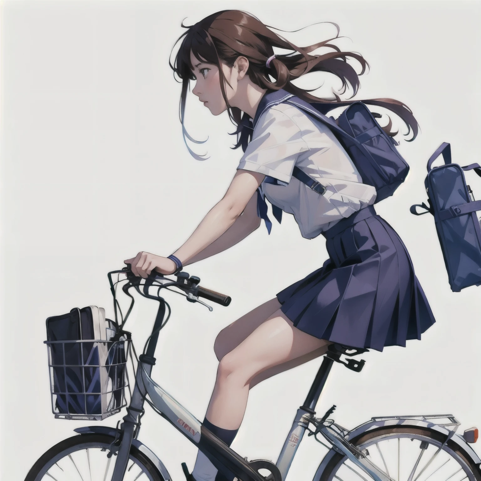 (masterpiece, highest quality:1.2), Reality、One girl riding a bicycle, alone、high school girl、uniform、From the side、Blank background、White background、Watercolor style、