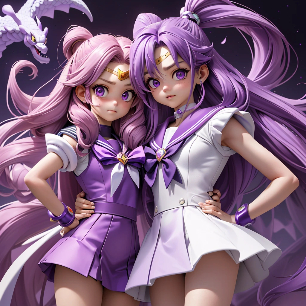(Extreme complexity, two subjects)(subject 1: cryptic girl (CrptGrl), purple white gradient long hair, indifferent, kind, in her iconic outfit) and her companion Lisa (average Japanese woman, sailor scout outfit (small) looking embarrassed) examine a dragon's mouth and find a cavity