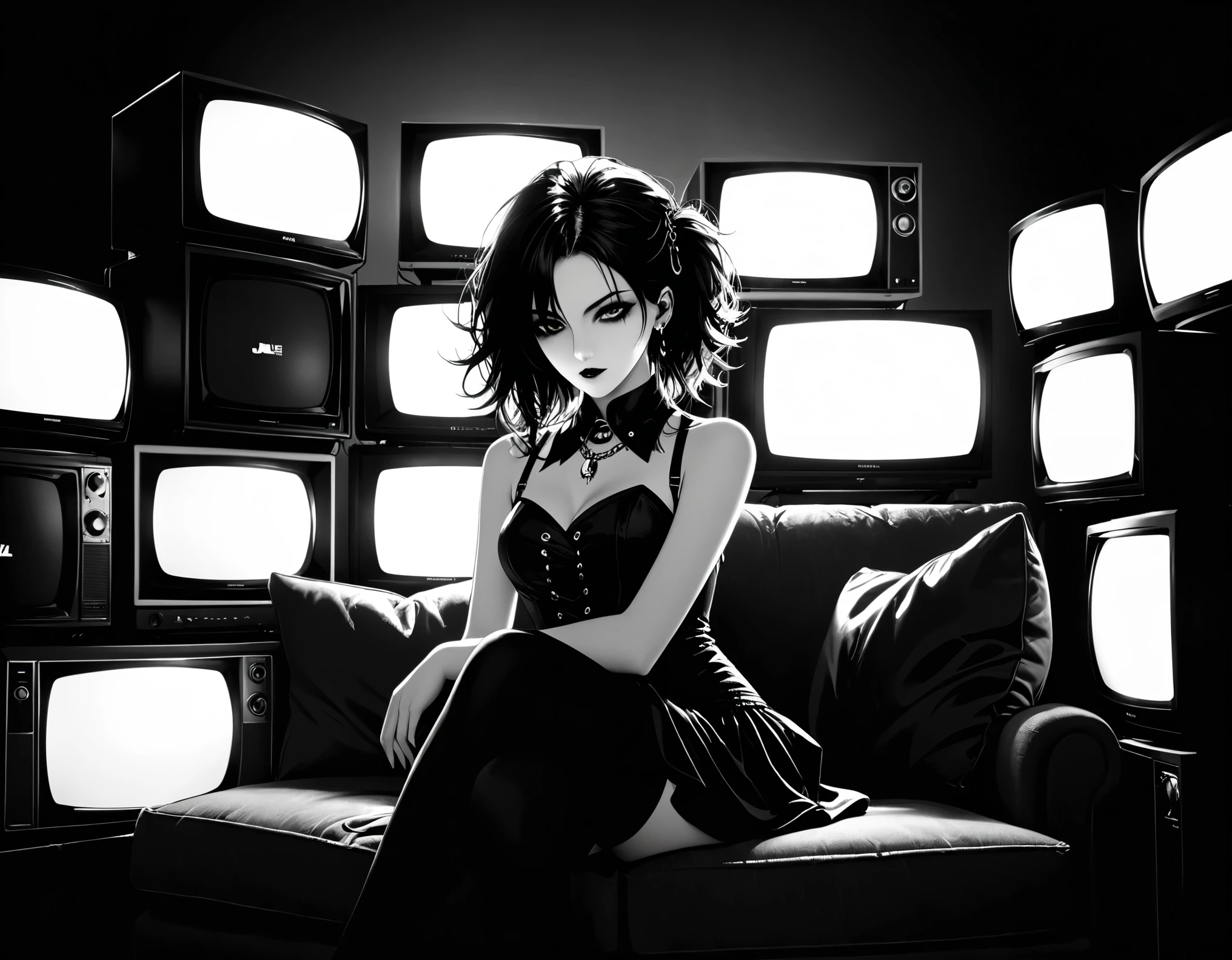 in style of Takeshi Obata,in style of Lillian Bassman,in style of Nick Veasey,(Anime style artist by Jaehyo Lee:1.1),studio lighting,1girl,(future goth-punk costume:1.4),(a lot of tvs are stacked on top of each other to form the background:1.5),cowboy_shot,medium_shot,(sitting on the sofa:1.3),(front view:1.2),backlight,arm_support,leaning_on_sofa,screen syncing,