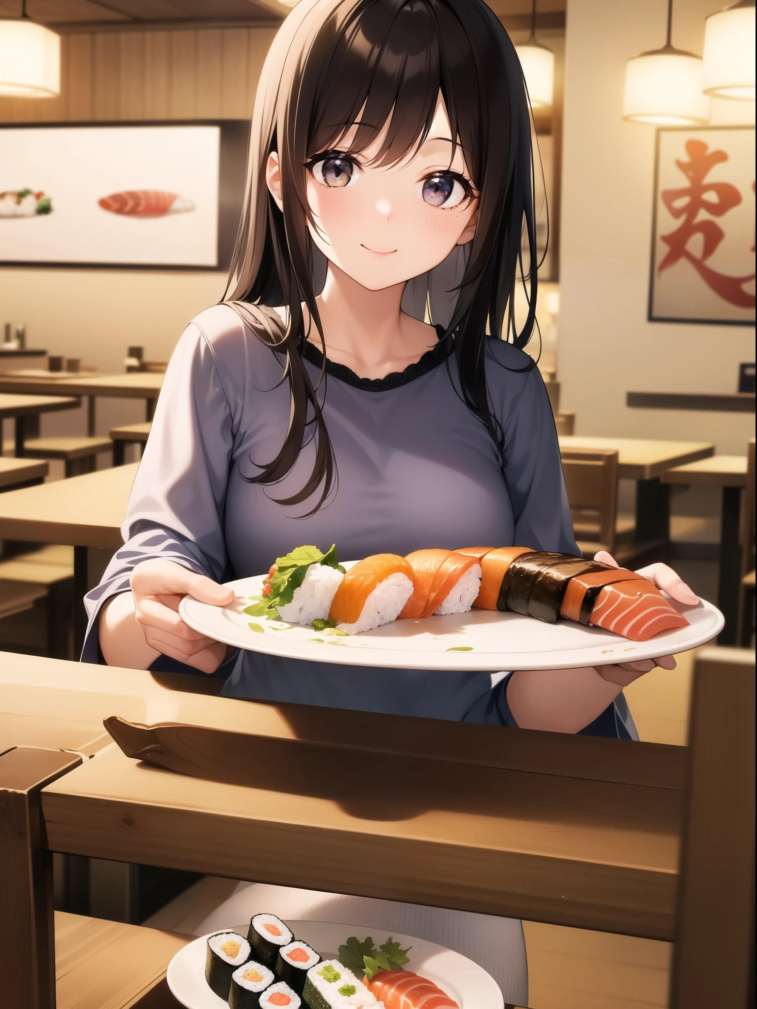 Smiling young woman holding a plate of sushi at a sushi bar。She has long black hair and is wearing light blue casual clothing.、Grab your chopsticks and get ready to enjoy sushi。On her plate、Colorful sushi rolls and nigiri sushi are beautifully lined up。In the background you can see other customers and a conveyor belt of sushi.、The lively atmosphere of the restaurant is apparent。This scene highlights her happiness and the moment she enjoys sushi.。