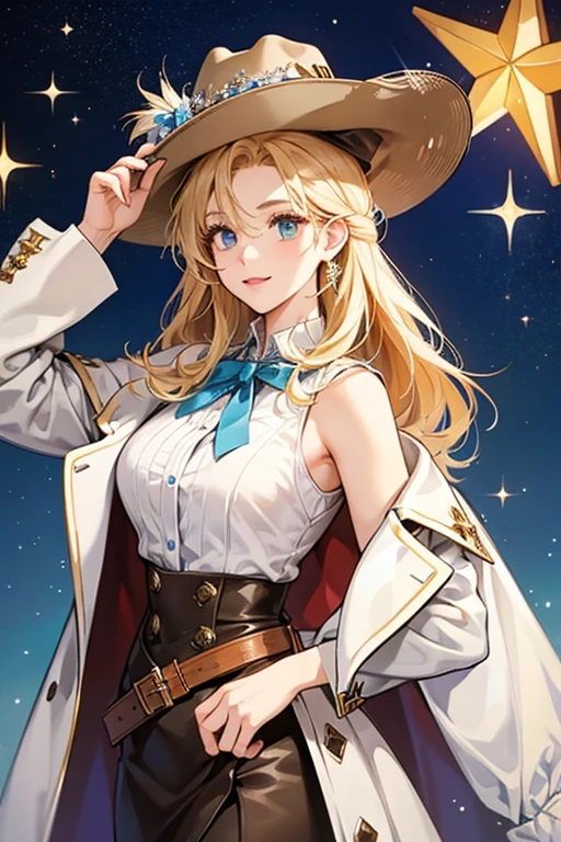 mulher de 35 anos, very long blonde hair down to the waist and half curly with bangs, Seios pequenos, olhos grandes com um brilho apaixonado, olhos verdes mel, Um lindo sorriso, wearing a long black t-shirt with a green feminine suit and jeans, in a serious and sweet comic-style pose, alta qualidadeScott Campbellgarota, localizado na esquina, looking at the sky, Sozinho, Mona (impacto genshin), Gargantilha, cabelo entre os olhos, star (symbol), cabelo longo, cabelo roxo escuro, twintails, olhos azuis, olhos brilhantes, joia, bruxa, housekeeper, franja, vestido preto roxo, saia roxa, avental branco, paisagem, noite sky, star (sky), starry sky, noite, ar livre, nuvens, reflection, Water, Magia, tarot, Water Magia, ((linda estrela de cristal dourada)), space, Water droplets, Respingo