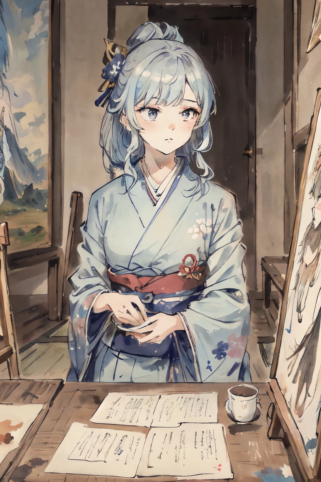 masterpiece, best quality, Extremely delicate and beautiful girl,Extremely delicate and beautiful, world masterpiece theater, Extremely detailed, Very detailed, best quality, Silver hair, High resolution, Very detailed,1 Girl, best quality, illustration, looking at the audience, Dough, canvas, painting, realistic, realist ,real,Genshin Impact Style,Kamisato Ayaka,Light blue kimono