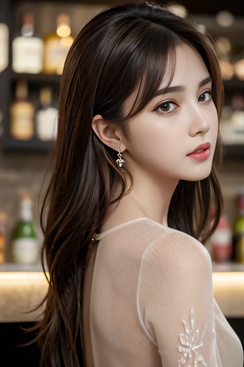 masterpiece, highest quality, Realistic, Very detailed, Finer details, High resolution, 8k wallpaper, One beautiful woman, Wear a black see-through shirt, Great bar counter, At night, Light brown messy hair, Perfect dynamic composition, Beautiful and beautiful eyes、Big earrings、Back view