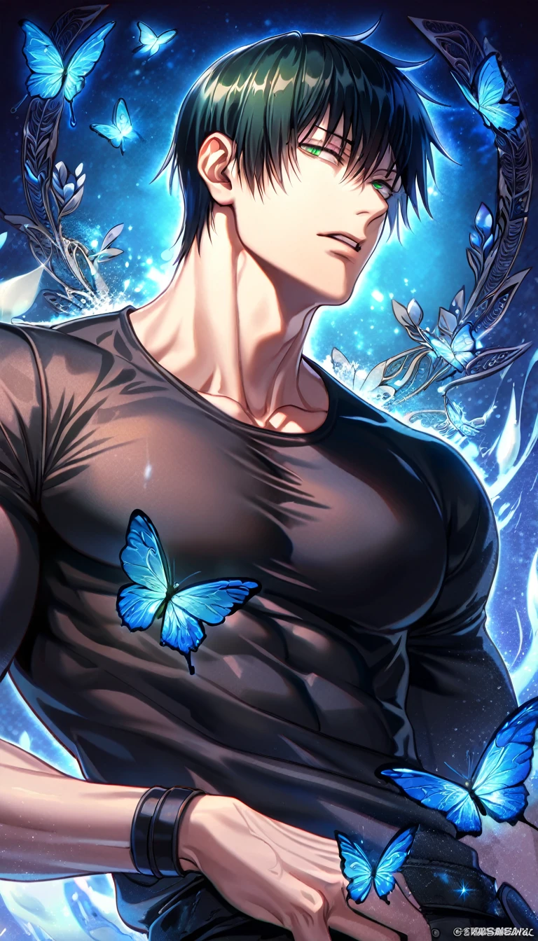 absurdres, highres, ultra detailed, HDR, master piece, best quality, Fushiguro Touji, black straight hair, expressive green eyes, Jujutsu Kaisen, solo, sexy man, handsome, toned chest, black leather coat, black tight shirt, blue butterflies, blue petals, blue flowers, magical, fantasy, blue background