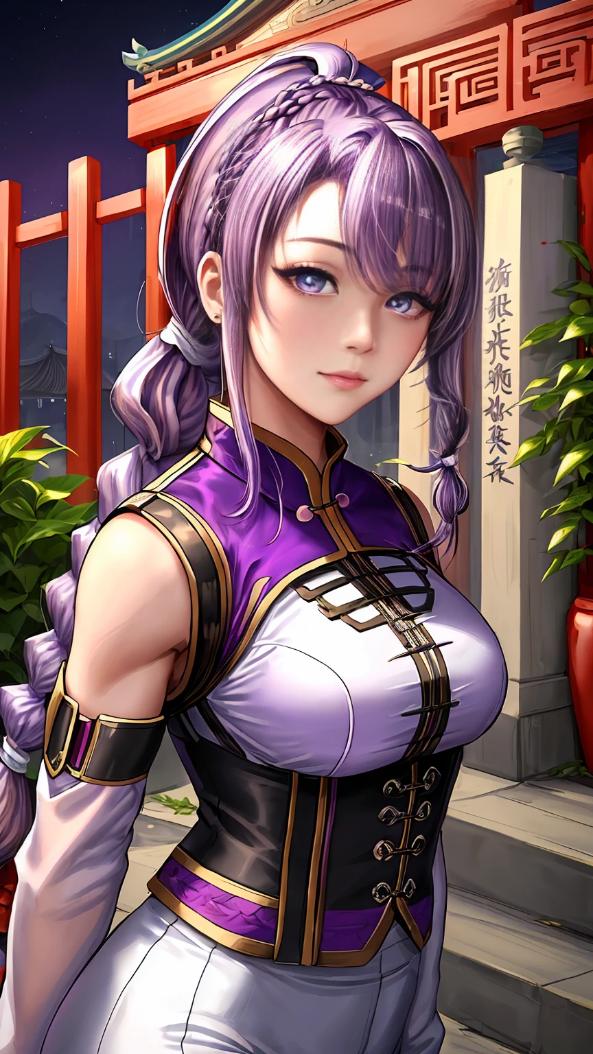 (athletic body:1.3) , Beautiful, Detailed ,1girl, portrait, official art , wallapaper ,ART DIGITAL , HDR , 8K , vivid colours , medium brest ,(masterpiece:1.4) , purple eyes , adult teenager with((long white hair and details purple hair with a ponytail braided hair:1.3)), wearing a purple futuristic style outfit, with white evening gloves, white long pants and purple futuristic skirt, in the beautiful new year chinese sky:1.2, with her , high quality , high details , at a night , Chinese festival in the garden of a beautiful traditional Chinese temple , beautiful detailed face , expressions ,style cyberpunk , high details , scam , look for viewer .