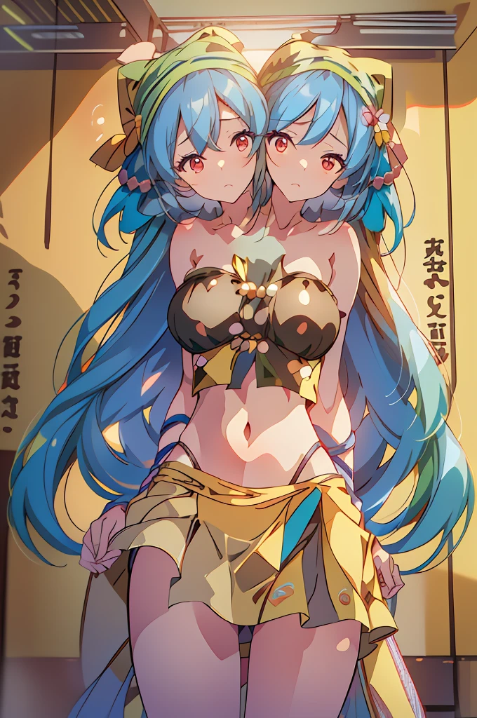 (masterpiece, best quality),best quality, best resolution, (ultra-detailed), (3heads:1.5), 1girl, (keiki haniyasushin:1.3), masterpiece, best quality, ultra quality, ultra resolution, ultra detail, yellow top, crop top, ((stomach)), midriff, ((groin)), yellow skirt, miniskirt, normal ears, shackles, sky blue hair, very long hair, wavy hair, sidelocks, red eyes, parted lips, sweat, cute, toned belly, hand on own chest, eyelashes, (25 year old woman:1.3), (masterpiece:1.5), (best quality:1.5), (beautiful detailed), extremely detailed CG, extremely delicate and beautiful, depth of field, (finely detailed face), (perfect details:1.2), (mature female:1.3), wide pelvis, slender, large veiny breast, 16k resolution, highres, high quality, high definition, extremely detailed, masterpiece, sky blue hair, long hair, alluring presence, twin braid, short skirt, close up, big tits, young, green handkerchief, haniwa, kofun period clothing,