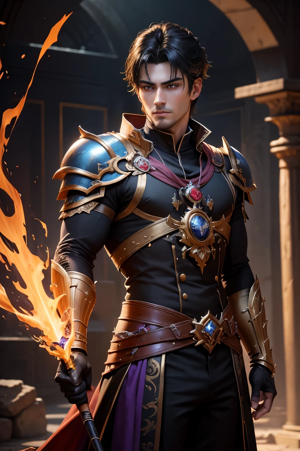 8K,Photorealsitic, Raw photography, top-quality;1.4) , (One adult male), Super handsome without a beard, (Lifelike face), long blue-black hair, Handsome prince with glowing purple eyes, Black and silver aristocratic exterior, Black and gold trousers, Golden decoration, glares, holding a staff, Wearing black leather gloves, Ruins, Gwaitz style, realisitic, Precise details, unrealengine, Beautiful expression, Details of each part, A red fireball glows in the palm(effect), 超A high resolution, A hyper-realistic, attractive male, Foot Armor, real looking skin, Fantasy Emperor, Handsome man without a beard