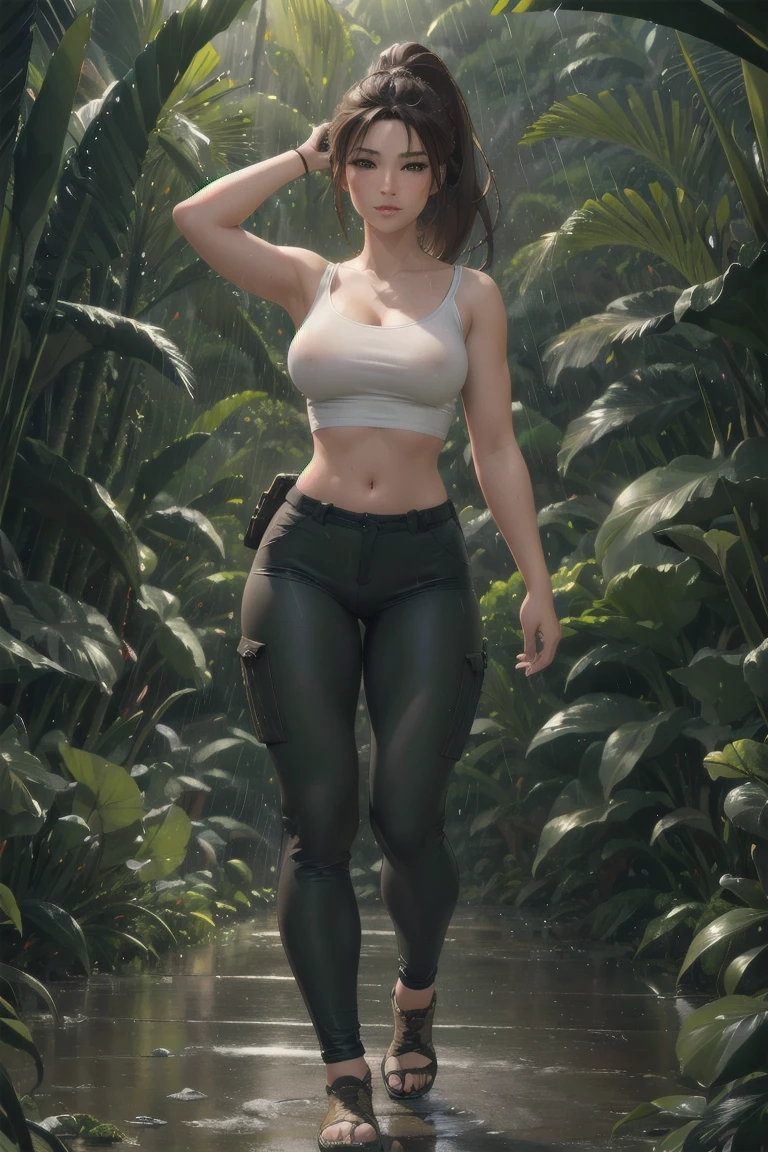 realistic portrait of a 36 year old woman, 1 girl, anime style, best quality, 4k, 8k, highres, masterpiece, ultra-detailed, photorealistic, black t-shirt, tight military pants, baggy camo pants, walking in rainy jungle, brown hair, floating hair, medium breasts, detailed facial features, beautiful detailed eyes, beautiful detailed lips, extremely detailed face, long eyelashes, dynamic pose, dramatic lighting, cinematic atmosphere, muted color palette, rain effect, lush jungle environment, detailed textures, volumetric lightingponytail, standing up, looking at viewer, and on the back of head tying hair back, collarbone, full body shot