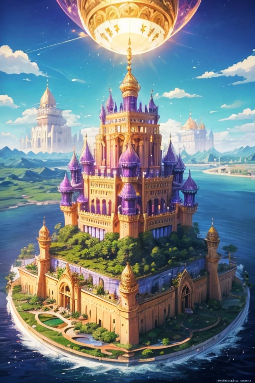 floating island with golden Muslim palace with vegetation and rivers with a tower in the center with a purple fire and blue sky background