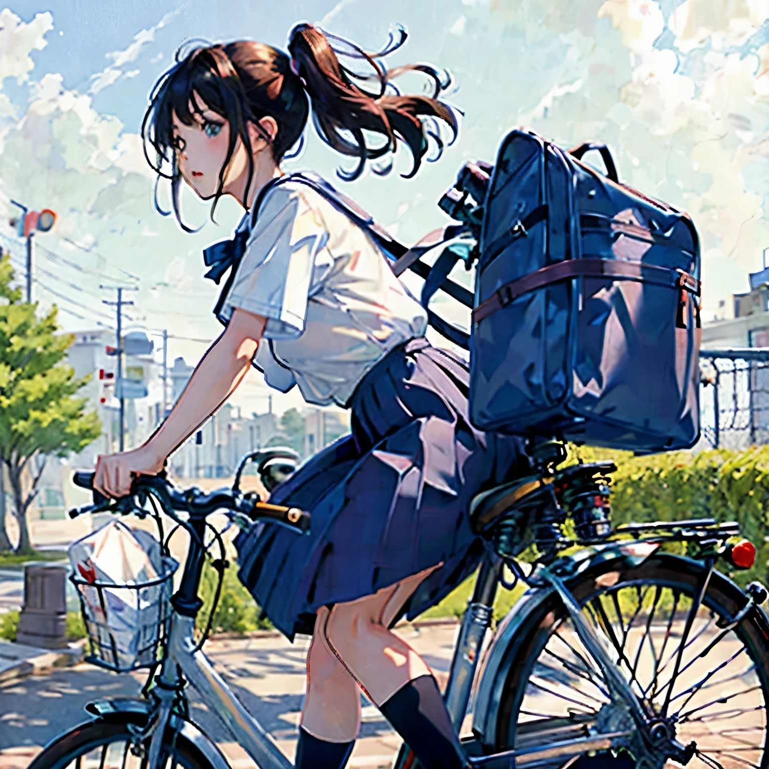 (masterpiece, highest quality:1.2), Reality、One girl riding a bicycle, alone、high school girl、uniform、From the side、Blank background、White background、Watercolor style、