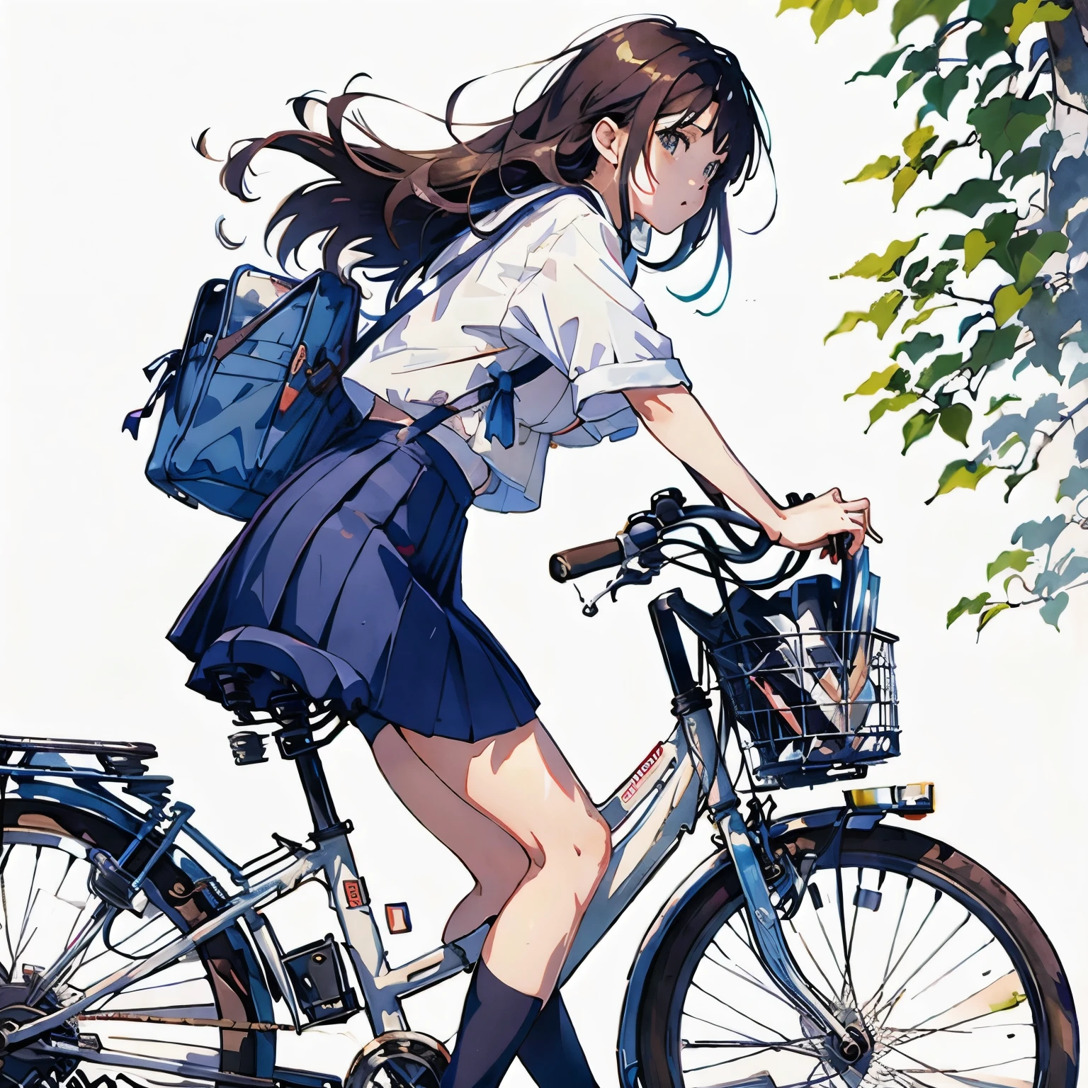 (masterpiece, highest quality:1.2), Reality、One girl riding a bicycle, alone、high school girl、uniform、From the side、Blank background、White background、Watercolor style、