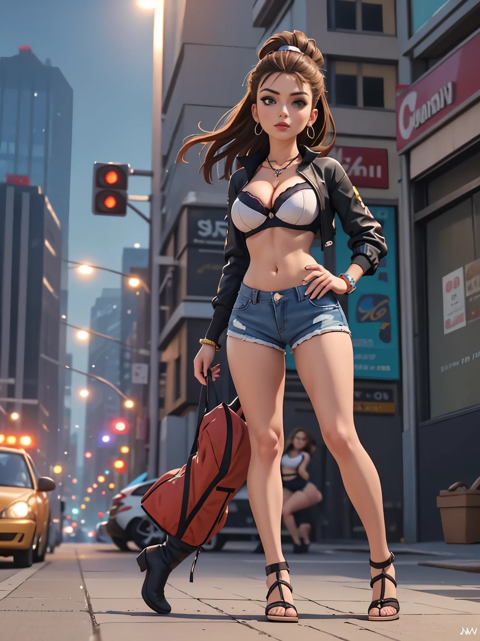 (1 girl, solo),Best quality, full body portrait, delicate face,brown long hair, bob haircut, forehead, 18 year old girl, slim figure, huge bust, loose oversized u-neck crop top full sleeved shhirt, cleavage,(under boobs:1.4), crotch gap, cameltoe, over shirt shorts, seen string of bikini bottoms, sunset bridge, vintage vespa behind, scene, standing tall, long leg , necklace, rings, earrings, bracelet, watch, open legs, araffe woman in shorts and a white top walking down a street, photorealistic perfect body, anime girl in real life, realistic anime 3 d style, sexy girl wearing shorts, at a city street, hyperrealistic full figure, bra and shorts streetwear, beautiful model girl, cyberpunk 2 0 y. o model girl, fashion model, hyper realistic anime, small waist, naval piercing, bellybutton pierced, nightlife,visible bra,denim shorts,tight ass, slutty,at night photo, night photography,brown hair(night outdoors)