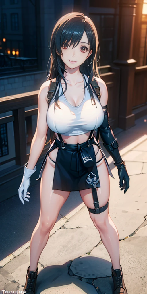 (8k, best quality, masterpiece:1.2), (realistic, photo-realistic:1.37), (full body), 1female solo girl, standing, legs apart, (wide stance) standing contrapposto, ultra-detailed, 1 girl,cute, solo, (tifa lockhart), (large breasts:1.5), (beautiful detailed eyes), (smile:1.2), (closed mouth), sharp focus, depth of field, good composition, Final Fantasy VII, very long straight hair, hair bang, ((red_eyes)), intricate, bokeh, (Tetsuya Nomura style), perfect breasts, white tank top, black thong, suspenders, gloves, stockings, toned body, athletic, wide hips, thin waist, toned arms, exposed abdomen, view from behind