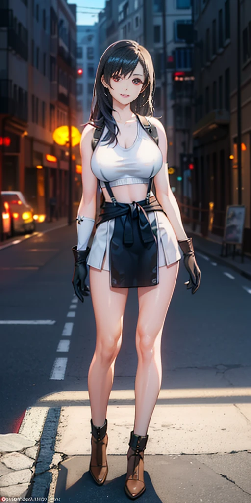 (8k, best quality, masterpiece:1.2), (realistic, photo-realistic:1.37), (full body), 1female solo girl, standing, legs apart, (wide stance) standing contrapposto, ultra-detailed, 1 girl,cute, solo, (tifa lockhart), (large breasts:1.5), (beautiful detailed eyes), (smile:1.2), (closed mouth), sharp focus, depth of field, good composition, Final Fantasy VII, very long straight hair, hair bang, ((red_eyes)), intricate, bokeh, (Tetsuya Nomura style), perfect breasts, white tank top, black thong, suspenders, gloves, stockings, toned body, athletic, wide hips, thin waist, toned arms, exposed abdomen, view from behind