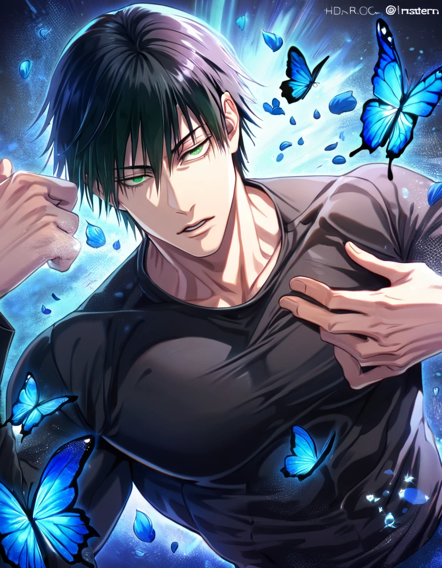 absurdres, highres, ultra detailed, HDR, master piece, best quality, Fushiguro Touji, black straight hair, expressive green eyes, Jujutsu Kaisen, solo, sexy man, handsome, toned chest, black leather coat, black tight shirt, blue butterflies, blue petals, blue flowers, magical, fantasy, blue background