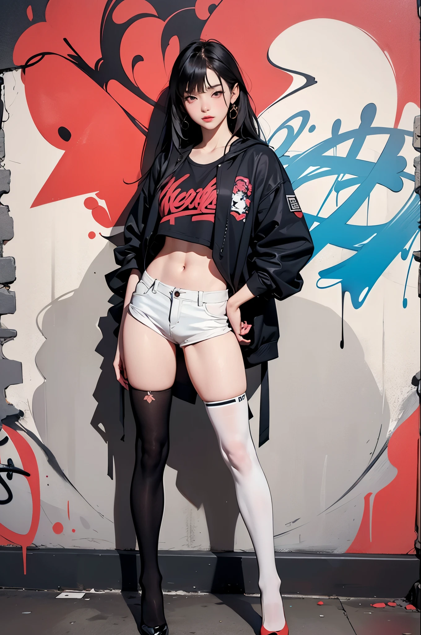 ((masterpiece, high quality, best quality, 8k, wallpaper, detailed, realistic)), 2girls, korean popstar, thighhighs, high heels, long legs, black hair, pretty hands, fringe, full body, (multiple girls:1.4), simple red background, palm trees,  (graffiti wall:1.2), muscular, strong, courageous 