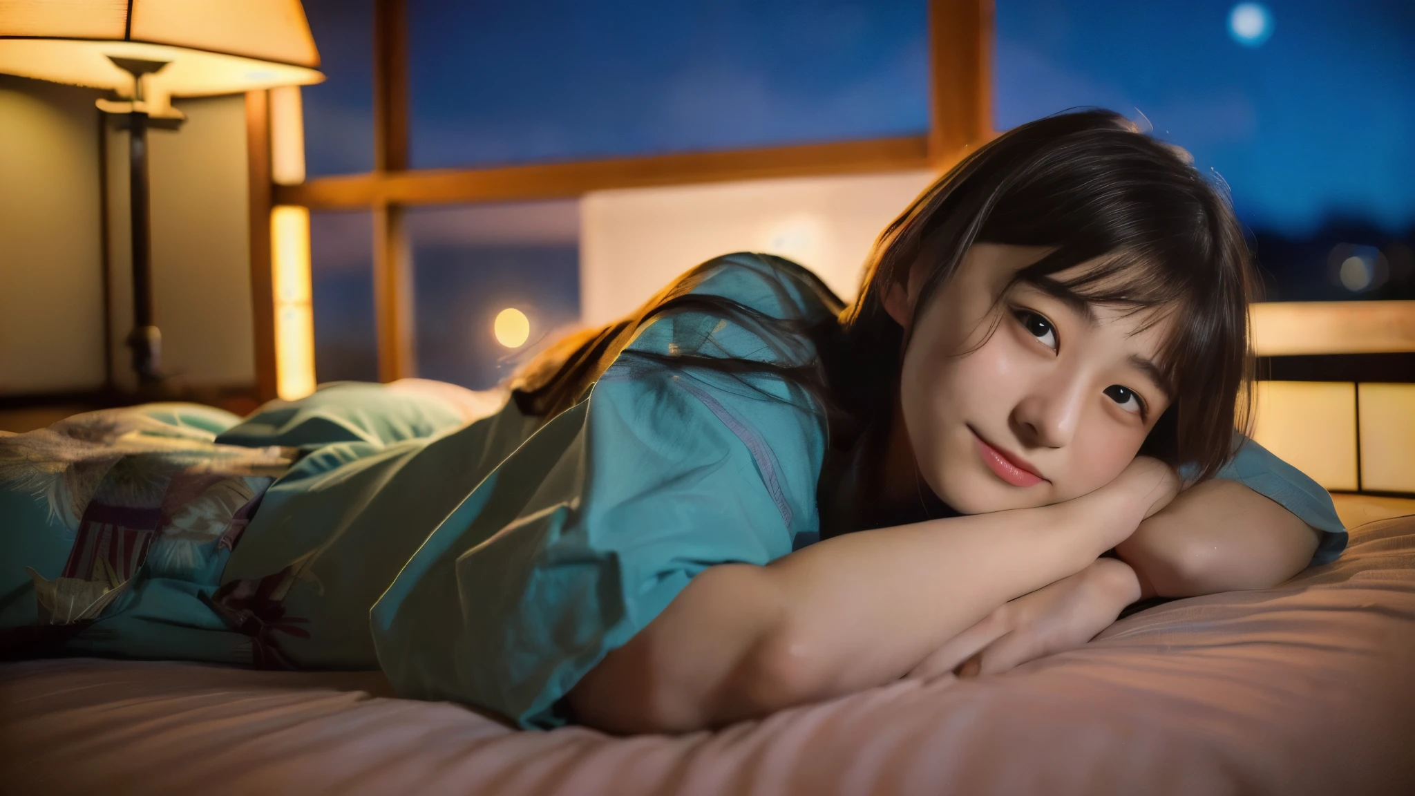 (highest quality,8K),(The cutest 18 year old Japanese girl:1.8),Room with a view of the stars,Sleeping in bed