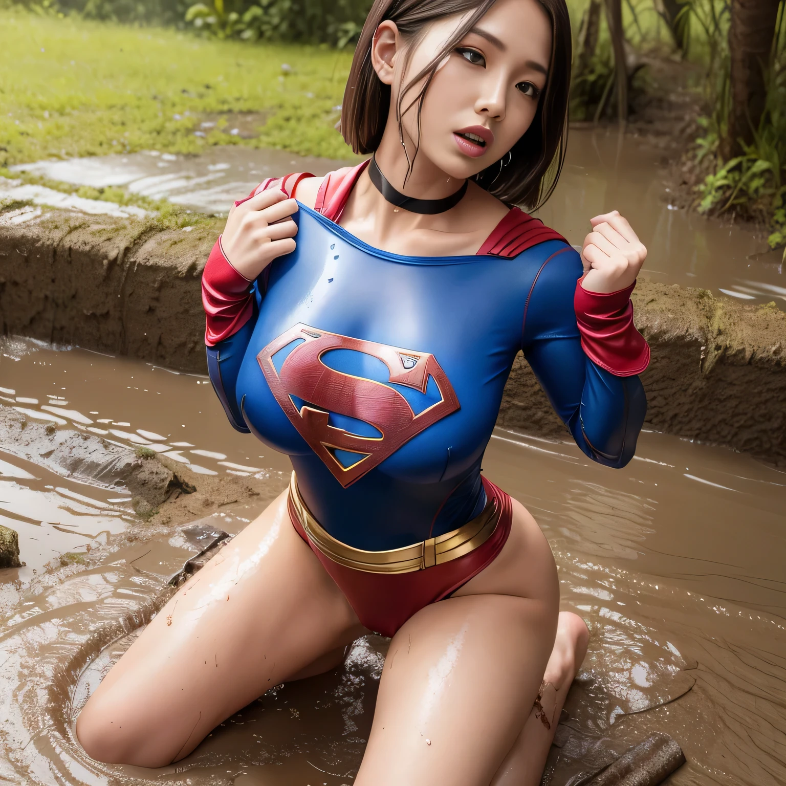 masterpiece、Supergirl Costume、short hair、barefoot、Big and ample breasts、Crisis situation、Complete surrender、Mud stains、Swamp、Abused、Kneel、Sweaty、Shiny、looking at the camera、Splashing muddy water、choker、Long sleeve、Sexy poses to seduce、Poor environment、Humiliating、Off the shoulder、latex、