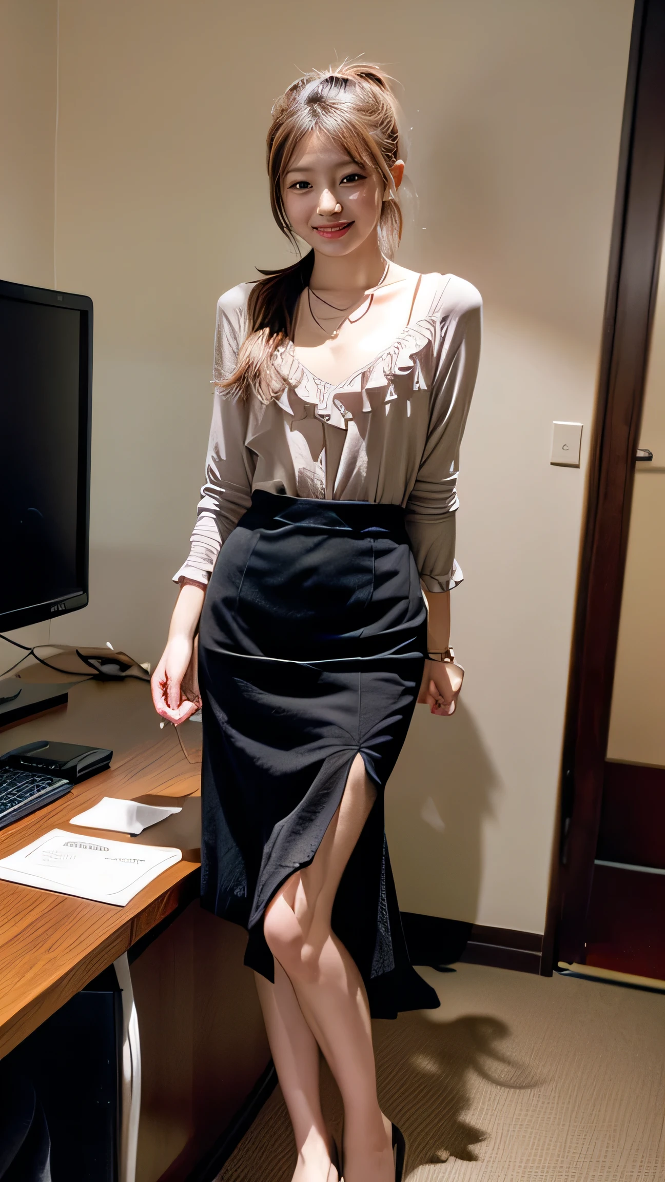 (Woman standing in office:1.3、The background is the office)、(Realistic、Like a photograph、Live Action、8k, Photorealistic, RAW Photos, Best image quality: 1.4), Single-lens reflex camera、RAW Photos, highest quality, Realistic, Highly detailed CG Unity 8k wallpaper, Written boundary depth, Cinematic Light, Lens flare, Ray Tracing, Realistic background、(blouse with frills:1.2、(mermaidskirt:1.5，Long skirt)、Large Breasts:1.37、((Wear a name tag around your neck)))、((Ultra-dense skin))、 1 female,Cute Japanese Woman、Japanese office lady at work、((whole body:1.5)，View the computer:1.1、smile、(Medium Hair、Short Ponytail:1.3)、I like that style、Stylish、Very detailed、Pay attention to the details、Perfect outfit、(Sunburned skin)、Beautiful legs:1.1，Anatomically correct body、Accurate Fingers、Are standing、View from the front