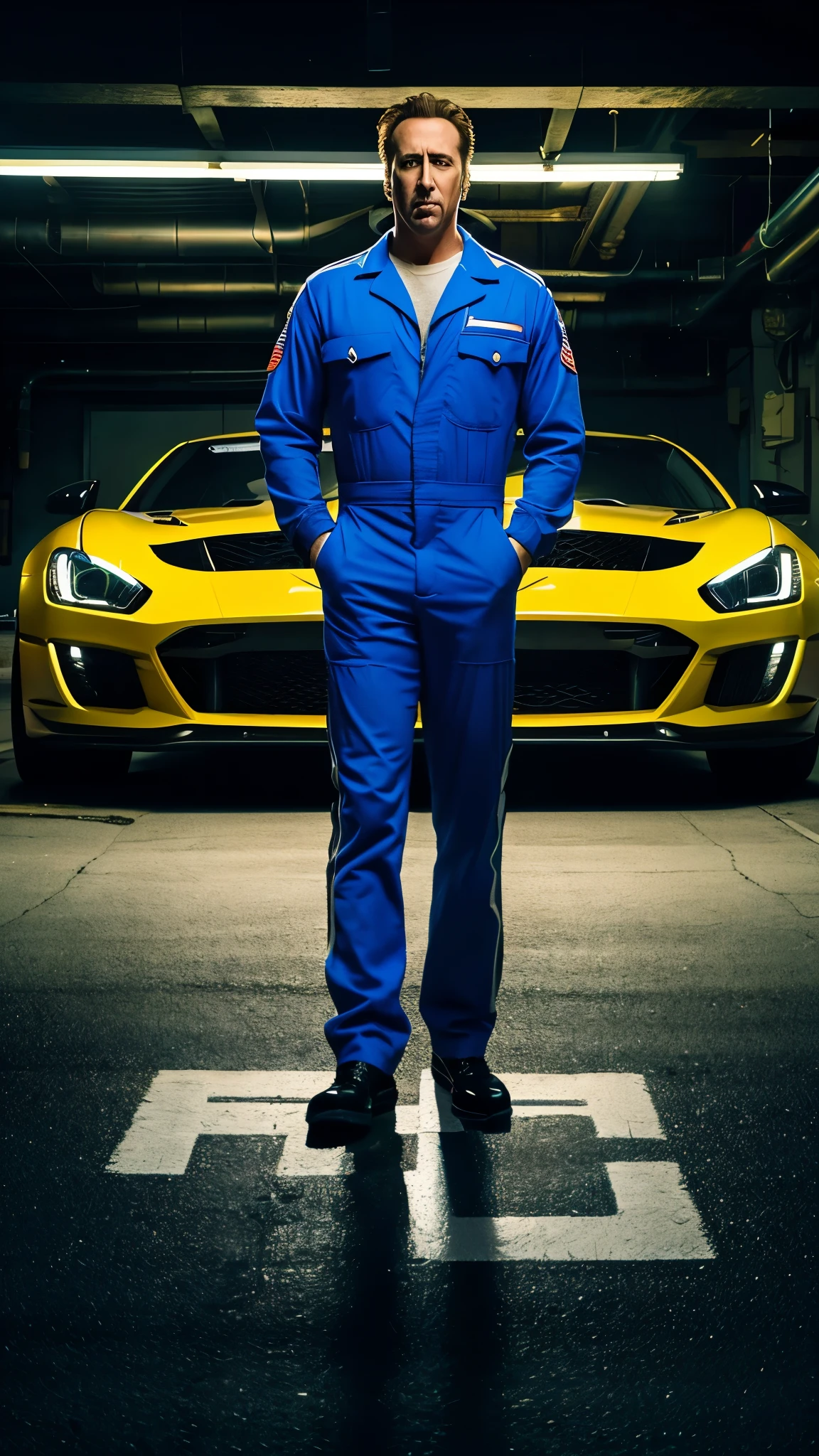 This image is wallpaper size up Dynamic and sexy Below、A prompt to generate dynamic wallpaper-sized images.:
"Create a dynamic, high-resolution wallpaper of Nicolas Cage from the movie 'Gone in 60 Seconds.' He should be wearing a blue mechanic's jumpsuit with the 'Pete's Service' logo, and have a serious expression on his face. Place him in a dramatic, dimly lit garage setting with shadows and highlights that emphasize the intensity of the scene. The resolution should be at least 1920x1080 pixels."