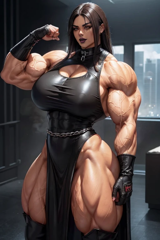 ((((Massive tall, beautiful, buff, light brown skinned muscular woman with black hair, black lipstick, ginormous bulky muscles and wearing a beautiful black leather long dress)))), close view, massive muscle, long leather dress, massive biceps, hyper muscle shoulders, ((ginormous muscle arms)), hyper muscle triceps, (straight long hair), orange eyes, choker, pleated skirt, (chain belt), black coat, black boots, (fingerless gloves), (black smoke surrounding the body), in a darken skyscraper office, sexy glare, night, hyper vascular arm, hyper muscles arms, hyper muscle legs, (ginormous arms).