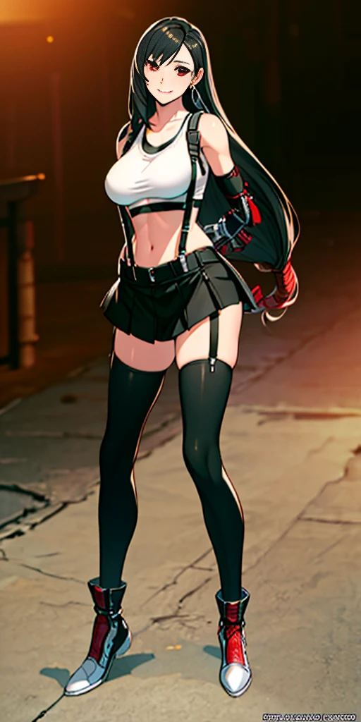 (8k, best quality, masterpiece:1.2), (realistic, photo-realistic:1.37), (full body), 1female solo girl (Tifa Lockhart), standing, legs apart, (wide stance) standing contrapposto, ultra-detailed, 1 girl,cute, solo, (tifa lockhart), (large breasts:1.5), (beautiful detailed eyes), (smile:1.2), (closed mouth), sharp focus, depth of field, good composition, Final Fantasy VII, very long straight hair, hair bang, ((red_eyes)), intricate, bokeh, (Tetsuya Nomura style), perfect breasts, white tank top, black thong, suspenders, gloves, stockings, toned body, athletic, wide hips, thin waist, toned arms, exposed abdomen, view from behind