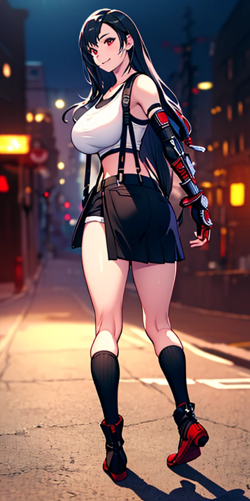(8k, best quality, masterpiece:1.2), (realistic, photo-realistic:1.37), (full body), 1female solo girl (Tifa Lockhart), standing, legs apart, (wide stance) standing contrapposto, ultra-detailed, 1 girl,cute, solo, (tifa lockhart), (large breasts:1.5), (beautiful detailed eyes), (smile:1.2), (closed mouth), sharp focus, depth of field, good composition, Final Fantasy VII, very long straight hair, hair bang, ((red_eyes)), intricate, bokeh, (Tetsuya Nomura style), perfect breasts, white tank top, black thong, suspenders, gloves, stockings, toned body, athletic, wide hips, thin waist, toned arms, exposed abdomen, view from behind