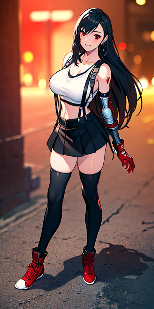 (8k, best quality, masterpiece:1.2), (realistic, photo-realistic:1.37), (full body), 1female solo girl (Tifa Lockhart), standing, legs apart, (wide stance) standing contrapposto, ultra-detailed, 1 girl,cute, solo, (tifa lockhart), (large breasts:1.5), (beautiful detailed eyes), (smile:1.2), (closed mouth), sharp focus, depth of field, good composition, Final Fantasy VII, very long straight hair, hair bang, ((red_eyes)), intricate, bokeh, (Tetsuya Nomura style), perfect breasts, white tank top, black thong, suspenders, gloves, stockings, toned body, athletic, wide hips, thin waist, toned arms, exposed abdomen, view from behind