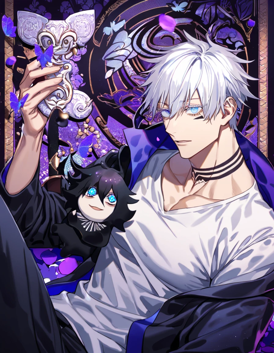 Ultra detailed, Highres, absurdres, HDR, Gojo Satoru, white hair with bangs, expressive blue eyes, hair between the eyes, white eyelashes, black coat with patterns, Jujutsu Kaisen, white shirt, fantasy, glittering purple butterflies, petals, handsome, sexy man, solo, very detailed eyes and face, master piece, toned chest, glittering, purple flowers, sitting, tattoo on his neck, holding a plushie of Gojo Satoru, black pants, purple background