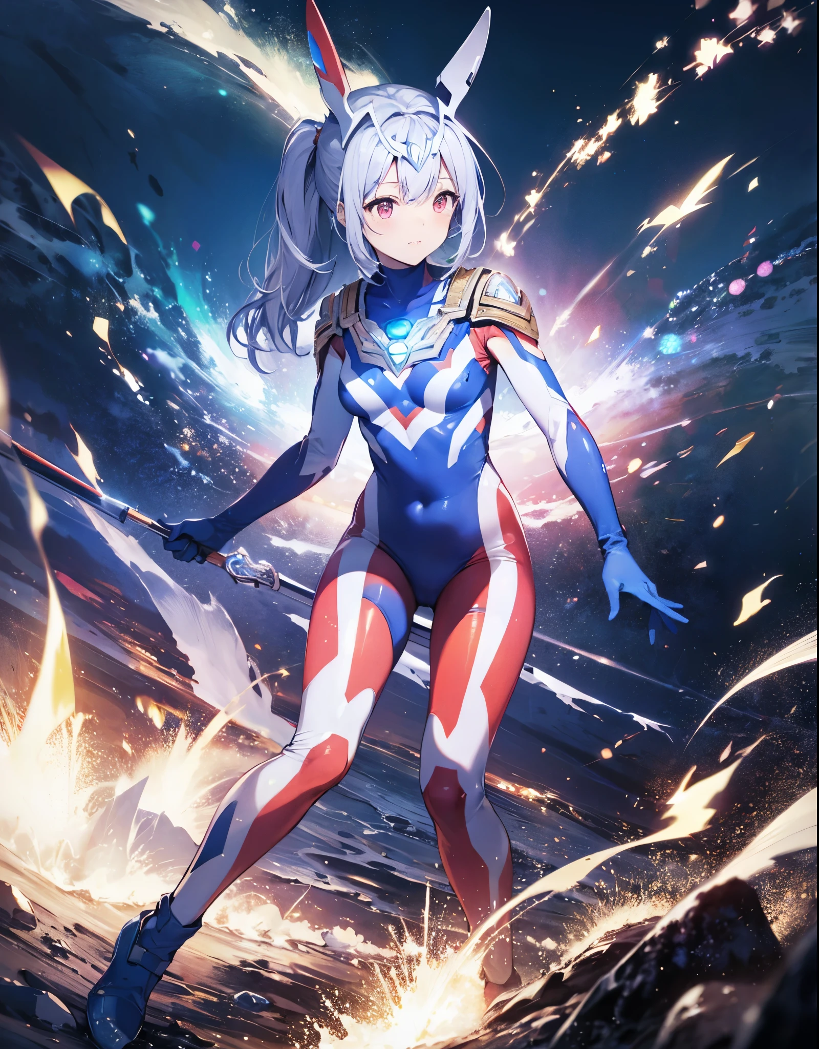 (Close-up:1.3),Realistic,highest quality, Ultra Detail, High-quality CG rendering, The most delicate and beautiful, Floating softly, High resolution, (1 girl), (Highest quality,4K,8K,masterpiece:1.2) ,Light purple hair,Rabbit,Bunny ears,ponytail,Red eyes,(Ultra Girl:1.0),(Bright blue Ultraman bodysuit:1.4),(Blue gloves:1.3),(Blue shoes:1.3),(whole body:1.3)