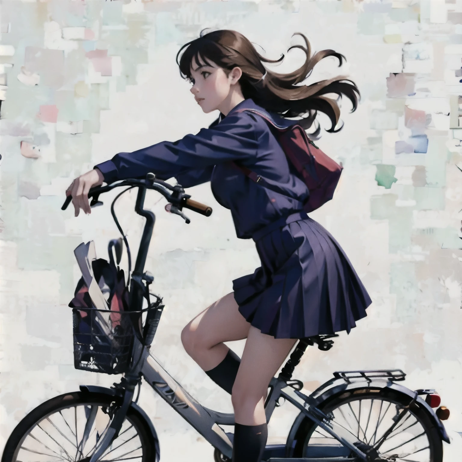 (masterpiece, highest quality:1.2), Reality、One girl riding a bicycle, alone、high school girl、uniform、From the side、Blank background、White background、Watercolor style、