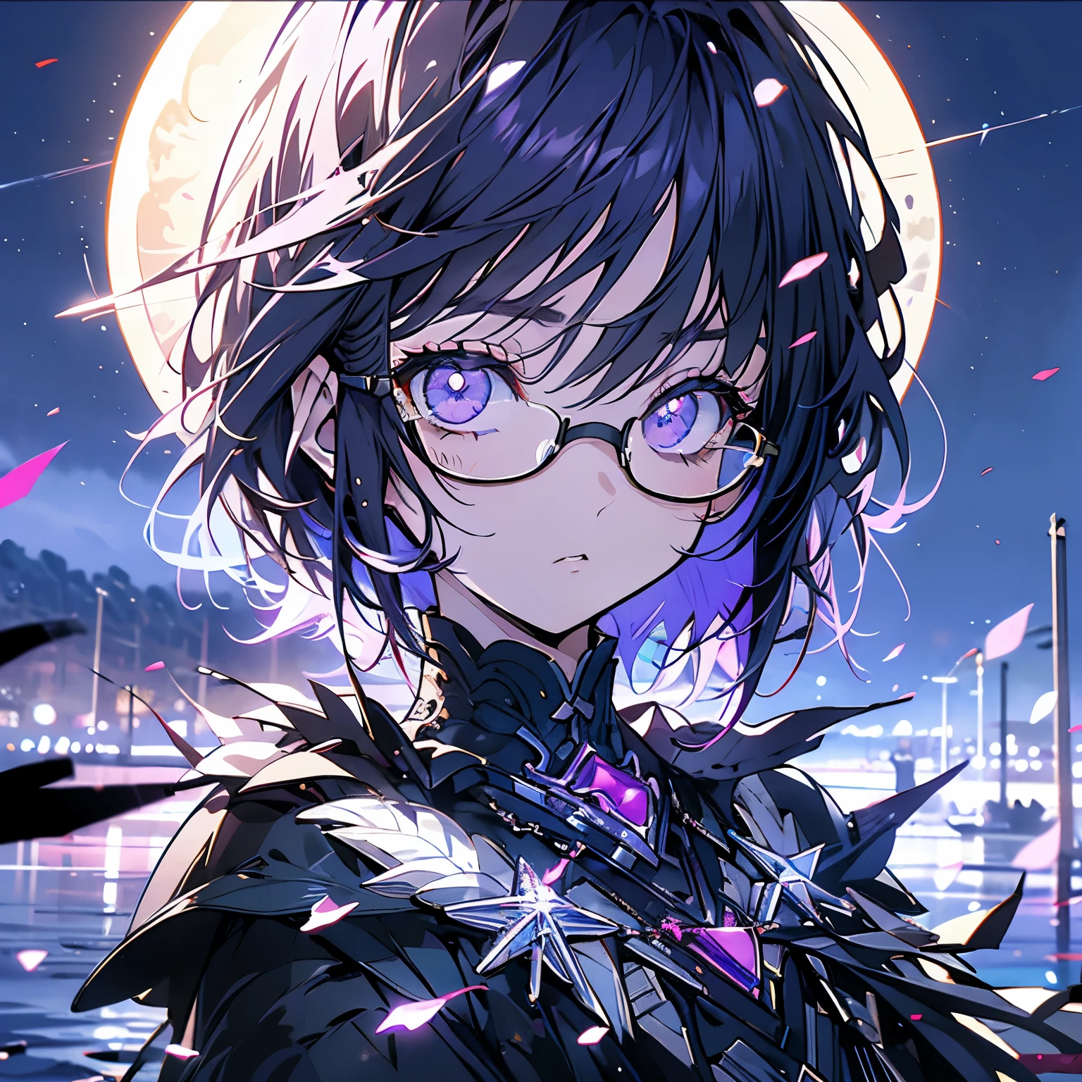 Masterpiece、Black and purple hair、Delicate eyes、Short Hair、Purple Eyes、Glasses、Serious face、night、Ocean、full moon