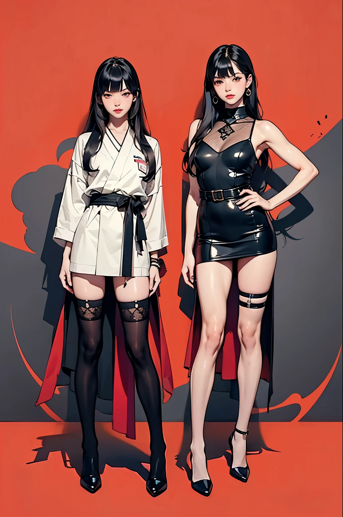 ((masterpiece, high quality, best quality, 8k, wallpaper, detailed, realistic)), 2girls, korean popstar, thighhighs, high heels, long legs, black hair, pretty hands, fringe, full body, samurai sword, (multiple girls:1.4), simple red background, palm trees,  (graffiti wall:1.2), muscular, strong, courageous 