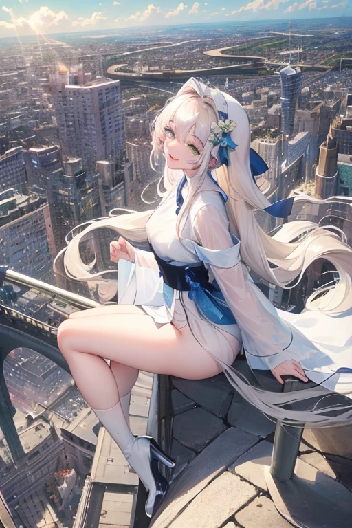Official Art, masterpiece, Clear focus, (beautiful, Beautiful and cute Korean woman:1.3), (Beautiful and cute Korean:1.3), Korean beauty, 精致beautiful头发、Eyes and face, actual, Super detailed, beautiful女孩, Blue sky, Glowing white particles, (Side Light:1.2), Sunlight, White Cloud, Detailed clouds, Slim, Such a cute big ass, Smile with teeth bared, ((Smile with your eyes, Open your eyes)), landscape, Long straight hair, sexy facial expression, architecture, (city View:1.7), Dynamic Hair, very Long straight hair, Delicate platinum-blonde hair, Green Eyes, Pink skirt, Black socks, Pale skin, Hair accessories, epic landscape,，White high heels，Nice ass，beautiful buttocks，There&#39;s nothing under the skirt.，weight loss
