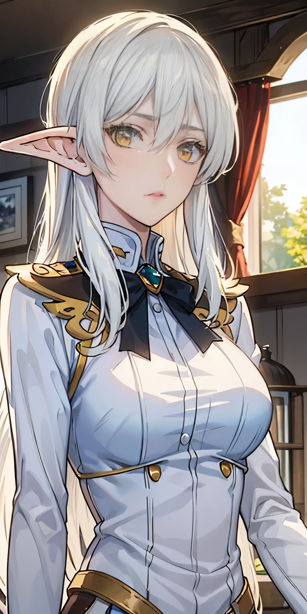 masterpiece, best quality, high quality, Erwin, elf, long hair, white hair, yellow eyes