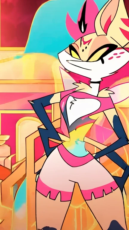 Queen Bee, Helluva Boss, Standing, Full Body, :3, Bold Face, Anime Style, Big Breasts, Detailed Body Fur, Detailed Body, Detailed Face, Detailed Eyes, Shiny Body, Shiny Body, Skinny, High Quality, Masterpiece , legs with three fingers, skinny and sassy face, city, clear sky, queen bee clothes, 4 arms, bee wings, sexy, pink croptop, pink and yellow shorts,
