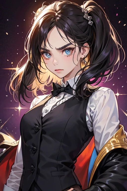hER waistcoat becomes even more dark and the spots above hER eyes become shaped like angry eyebrows. SPARKLE; GLITTER