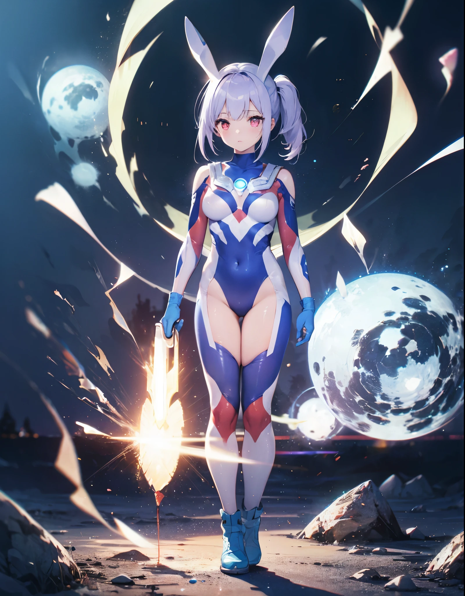 (Close-up:1.3),Realistic,highest quality, Ultra Detail, High-quality CG rendering, The most delicate and beautiful, Floating softly, High resolution, (1 girl), (Highest quality,4K,8K,masterpiece:1.2) ,Light purple hair,Rabbit,Bunny ears,ponytail,Red eyes,(Ultra Girl:1.0),(Bright blue Ultraman bodysuit:1.4),(Blue gloves:1.3),(Blue shoes:1.3),(whole body:1.3)