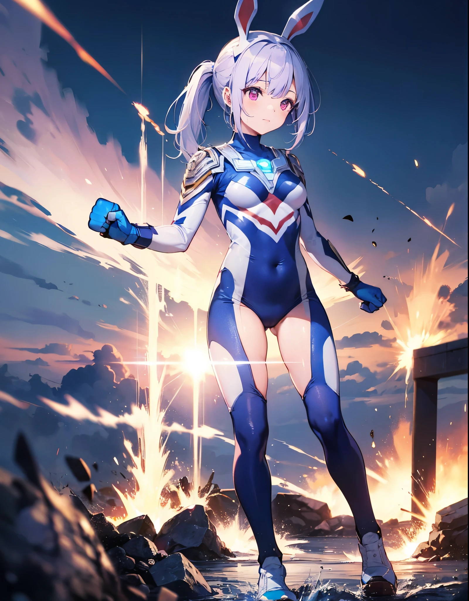 (Close-up:1.3),Realistic,highest quality, Ultra Detail, High-quality CG rendering, The most delicate and beautiful, Floating softly, High resolution, (1 girl), (Highest quality,4K,8K,masterpiece:1.2) ,Light purple hair,Rabbit,Bunny ears,ponytail,Red eyes,(Ultra Girl:1.0),(Bright blue Ultraman bodysuit:1.4),(Blue gloves:1.3),(Blue shoes:1.3),(whole body:1.3),(Clenched Fist:1.3)