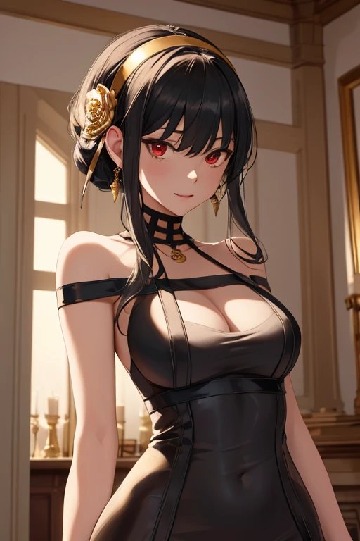 masterpiece, highres, highest quallity, illustration, cinematic light, ultra detailed, detailed face, detailed eyes, best quality, hyper detailed, masterpiece, detailed face,beautiful face,perfect body,official art,grand plix award illustration,1lady, sidelocks, gold hairband, hair ornament, red eyes, gold earring, large breasts, choker, bare shoulders, black dress, two-sided dress, fingerless gloves, thigh boots, cowboy shot, standing, town