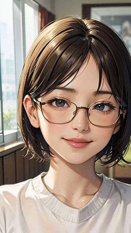 1 female, /(Tight sweater/) V-neck, Mature Woman, /((((short hair、Light brown hair、Blonde hair)))) Beautiful forehead, Stylish Glasses、A gentle blushing smile, (Masterpiece of the highest quality:1.2) Delicate illustrations, super detailed, /(Modern house living room/) indoor