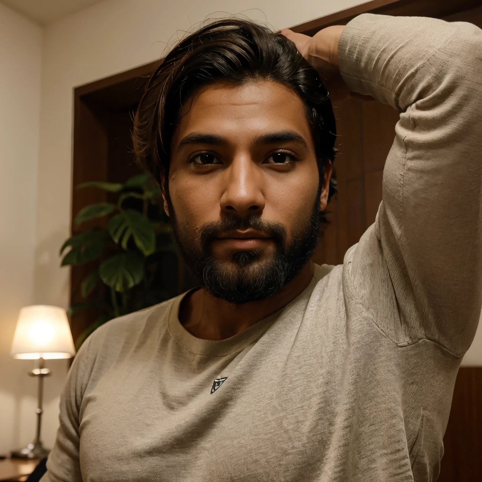 Homem bruxo de pele morena, cabelo curto e topete olhos escuros barba curta