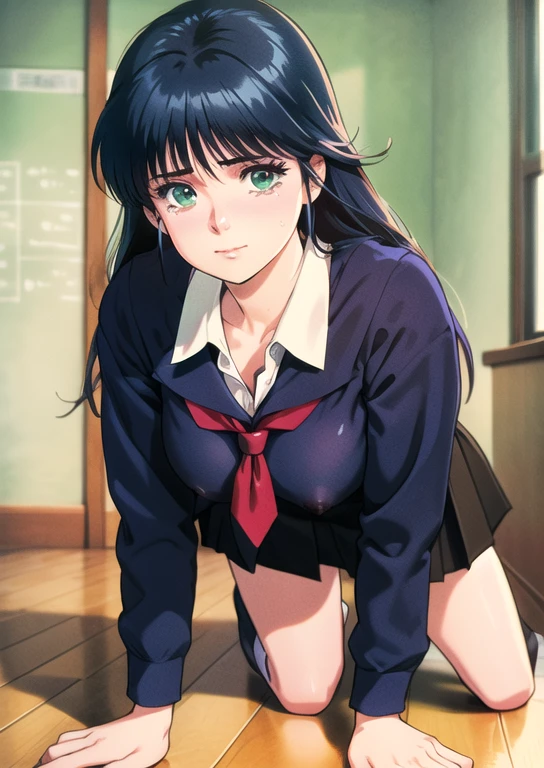 (8k、RAW Photos、highest quality、masterpiece:1.2)、(Realistic、Realistic:1.37)、Super detailed、超A high resolution、animation、1 girl、Pink nipples、Pussy、Beautifully detailed face、、beautifulディテールの肌、whole body、Professional Lighting、Upper body naked、Navy blue mini skirt uniform、Navy blue socks、Face in pain、((ayukawa madoka)), (beautiful, fine grain)、Green Eyes、(Blue Hair、semi-long、Parted bangs)、Are crying、Big eyes、Spread your legs、classroom、On all fours、virgin