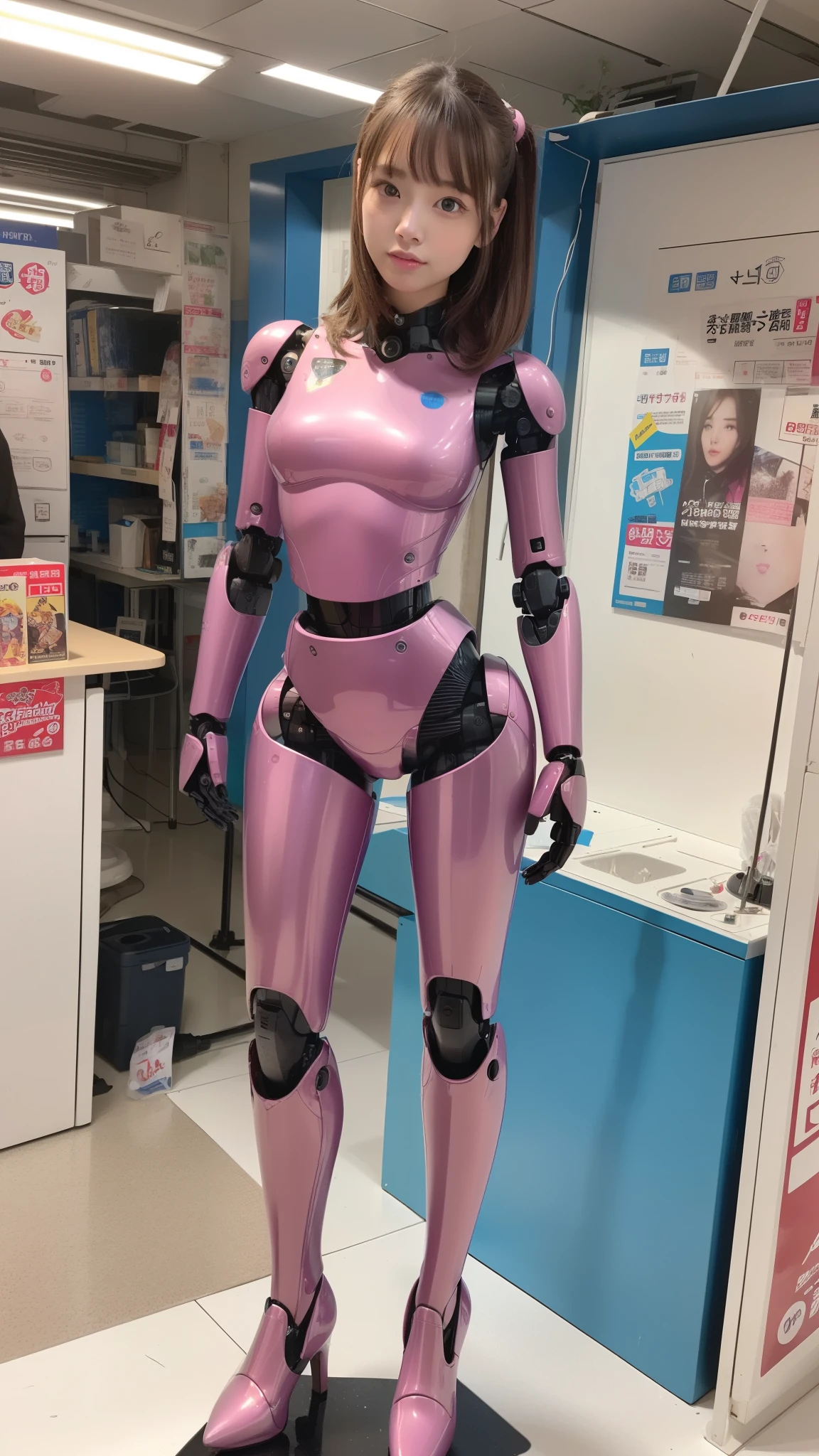 (Photorealsitic:1.4)、one robot woman、(top-quality)、(hyperdetailed face)、(Super well-formed face)、(Robot Parts)、(Female-Robot)、(25 years-old)、(Blue)、(pink there)、(Burgundy)、(metallic)、(full-body)、(sexy pose)、(Slender body)、(Model body type)、(full body mech)、(Akihabara)、(is looking at the camera)、(A brown-haired)、(Well-proportioned body)、(a small face)、(a small head)、(well-groomed fingers)、(Idol)、(front facing)、(Standing with legs open)、(Photo session)、(Looks sad)、(perfect-female-robot)、(perfect-mechanical-body)