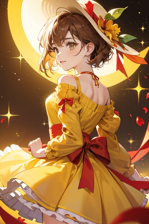 girl with short brownish hair and a yellow summer hat (with a red flower ribbon) on her head and wears a red-sleeved lemon yellow dress which has a bow at the back. SPARKLE; GLITTER