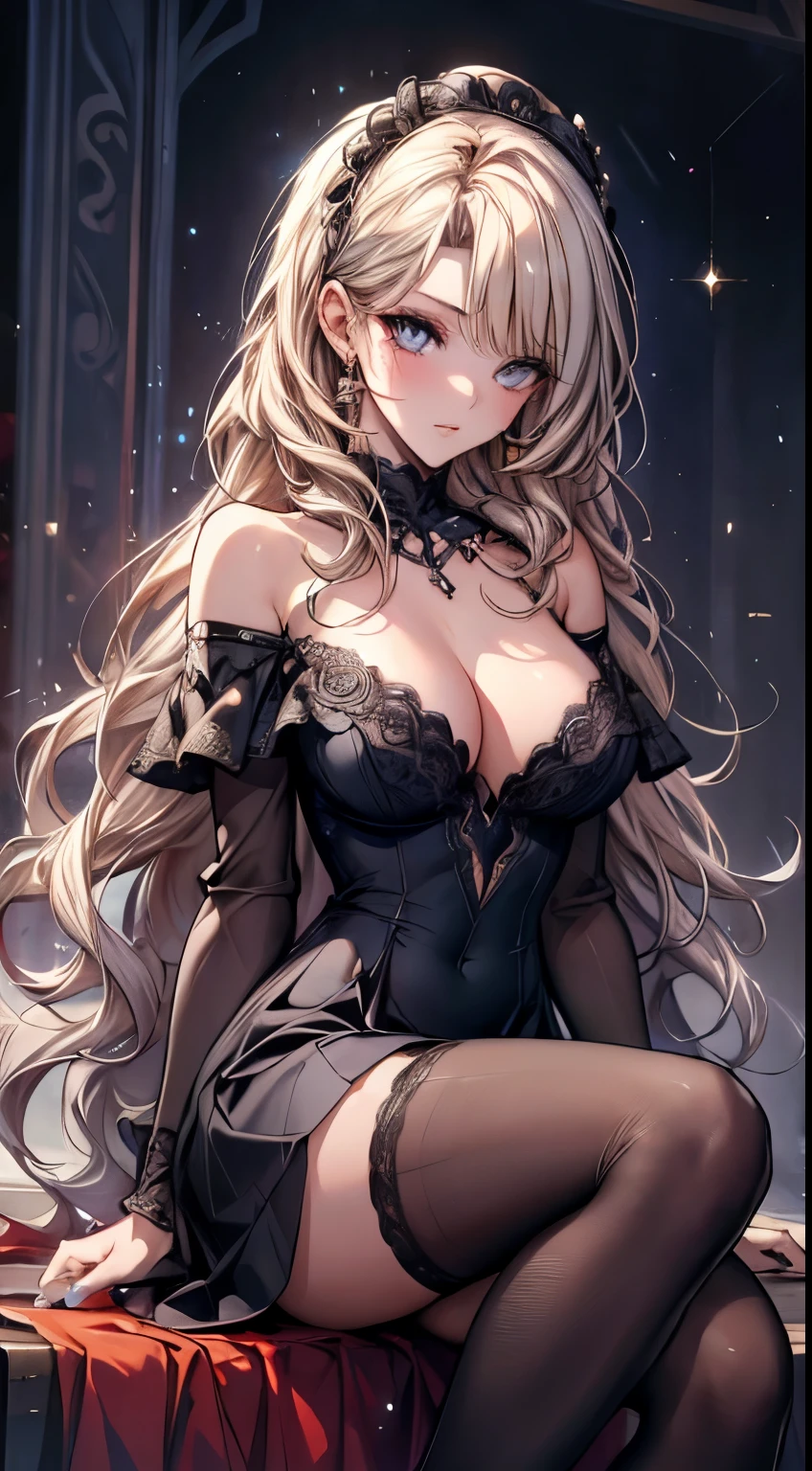 masterpiece, highest quality, High resolution, SA1, Checked off-the-shoulder dress, Black Stockings, Sparkling eyes, False eyelashes,