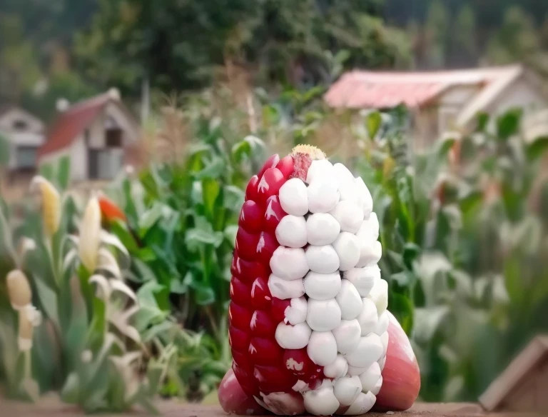 someone holding a red and white corn on a field with a red roof, peruano, large cornicione, ❤🔥🍄🌪, corn, colores rojo y blanco, coban, blanco rojo, 8K)), granate y blanco, Coxcomb, 4 8 0p, 480p, verdadera locomotora, por Kogan Gengei