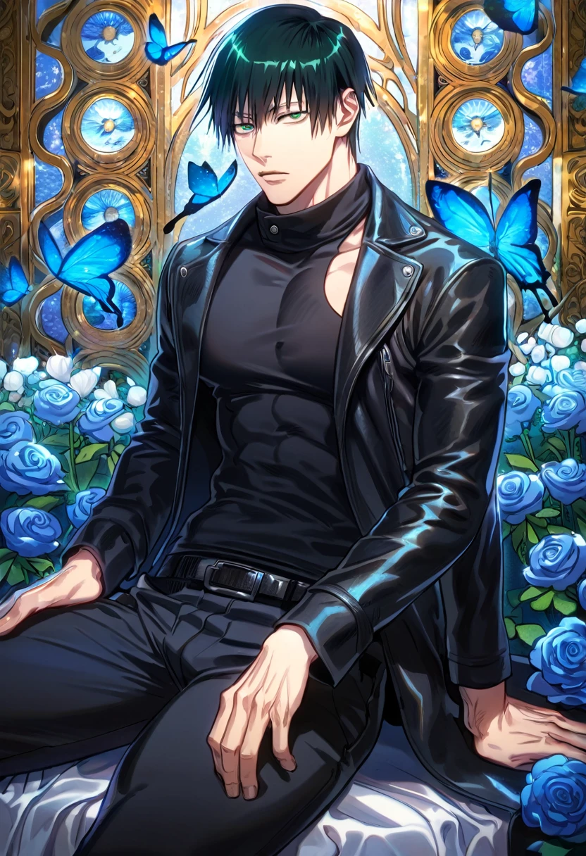 absurdres, highres, ultra detailed, HDR, master piece, best quality, Fushiguro Touji, black straight hair, expressive green eyes, Jujutsu Kaisen, solo, sexy man, sitting, handsome, toned chest, black leather coat, black tight shirt, blue butterflies, blue petals, blue flowers, magical, fantasy, blue background