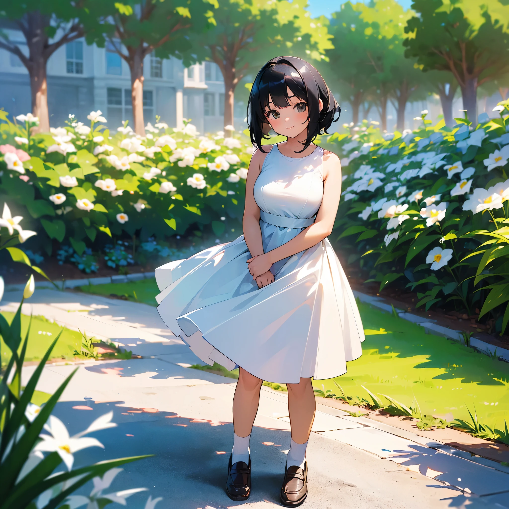 (high quality, High resolution, Very detailed, reality:1.37), Peaceful atmosphere, (Outdoor, garden), Teenage girl standing alone, (my breasts are big.), Beautiful details, Cute Smile, (Black bob hair), White sleeveless dress, White socks, loafers.