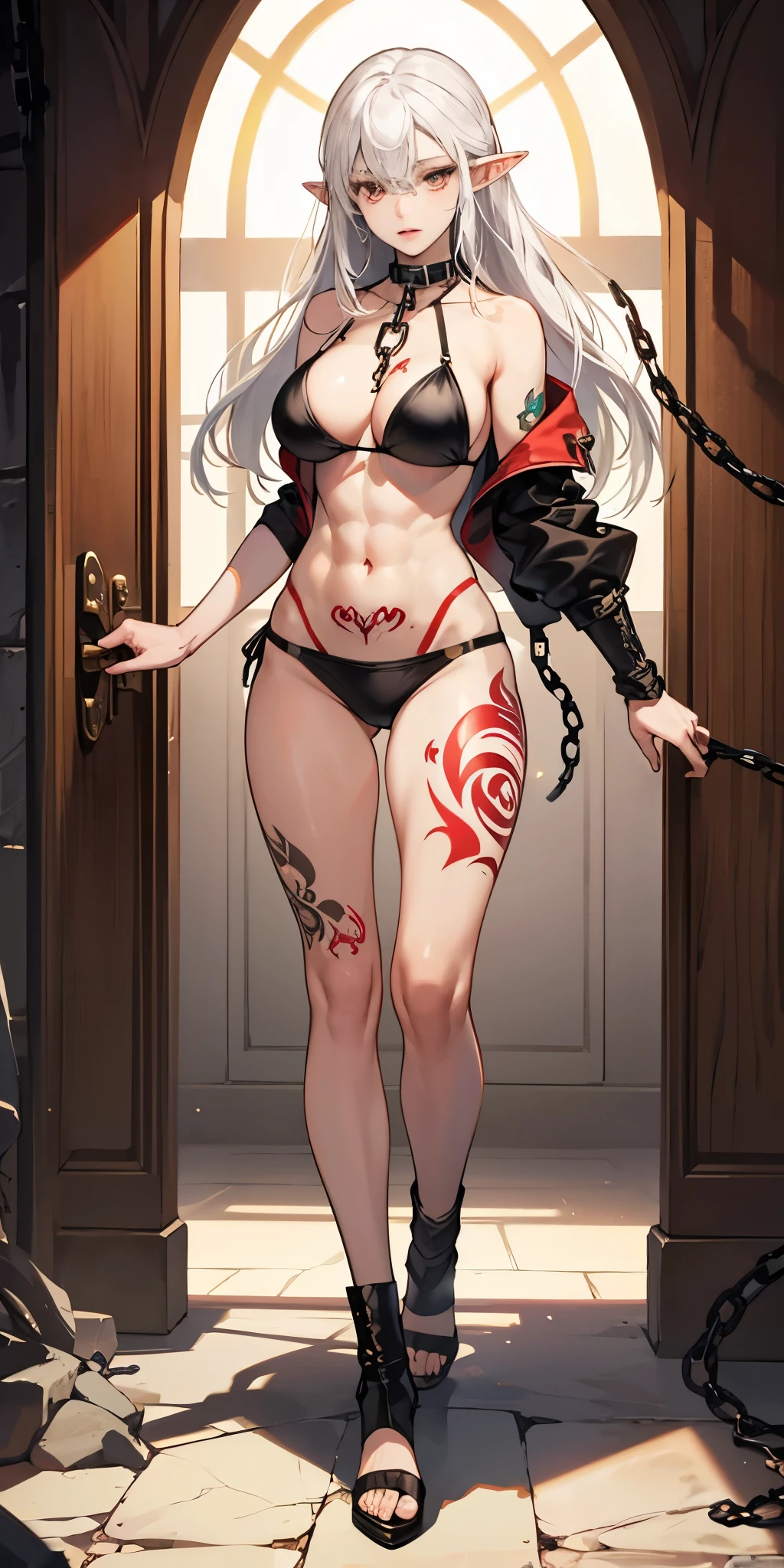 full body standing looking to the camera, grey skin, drow, elf, 1girl, mature, golden eyes, white hair, black bikini, abs, big knockers, tatter rags, chain collar, stomach tattoo (red tattoo) big breast